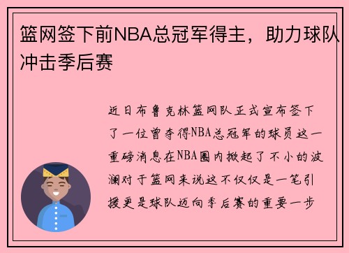 篮网签下前NBA总冠军得主，助力球队冲击季后赛
